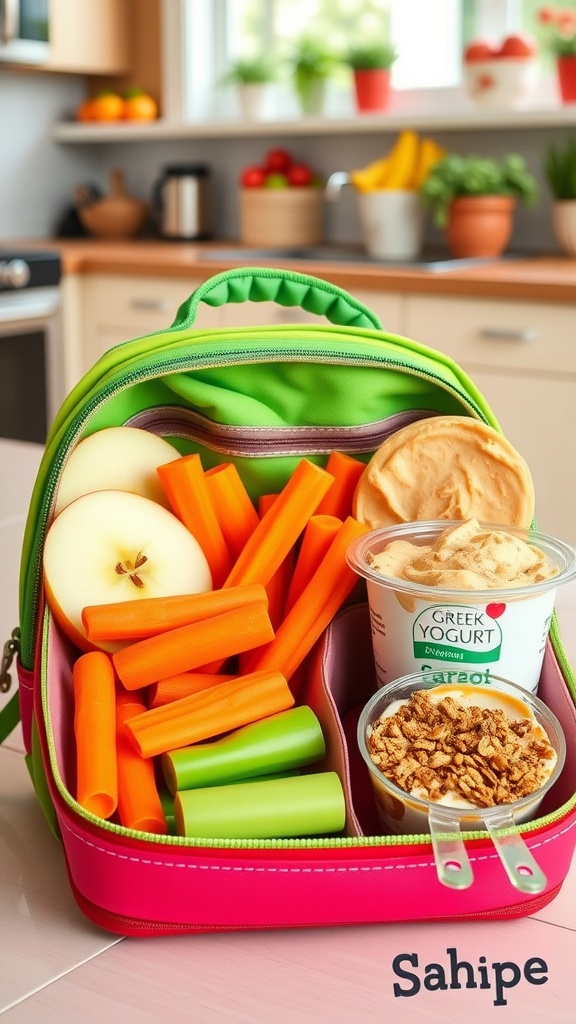 A variety of healthy school snacks including apple slices, carrot sticks, and yogurt in a colorful lunchbox.